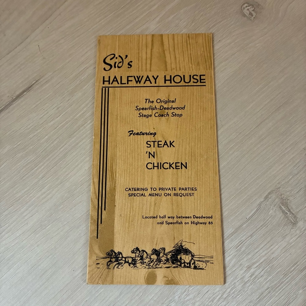 Vintage Sid's Halfway House Menu/Postcard – 1951 South Dakota Deadwood Spearfish